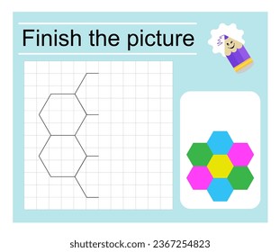 Logic game for kids. Finish the picture - hexagon. Coloring page. Vector illustration.