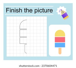 Logic game for kids. Finish the picture - cartoon ice cream. Coloring page. Vector illustration.