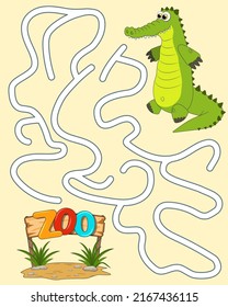 Logic Game for kids. Help the alligator find the pathway to Zoo. Entry and exit. Labyrinth with solution. Educational maze game with cute character crocodile. Vector cartoon style illustration.