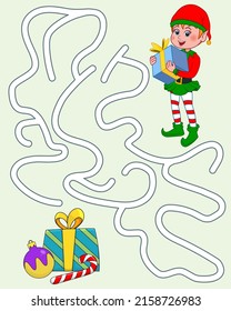 Logic Game for kids. Help the Elf find the pathway to Presents. Entry and exit. Labyrinth with solution. Educational maze game with cute character Gnome. Celebration concept. Vector cartoon style.