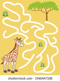 Logic Game for kids. Help the giraffe find the pathway to acacia tree. Entry and exit. Labyrinth with solution. Educational maze game with cute character giraffe. Vector cartoon style illustration.