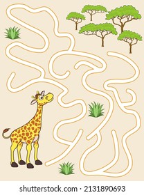 Logic Game for kids. Help the giraffe find the pathway to forest. Entry and exit. Funny Labyrinth with solution. Educational maze game with cute character giraffe. Vector cartoon style illustration.