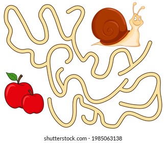 Juego lógico para niños. Ayuda al caracol a encontrar el camino hacia manzanas frescas. Entrada y salida. Laberinto con solución. Juego de laberinto educativo con babosa de personajes adorables. Ilustración de estilo de dibujos animados vectores.