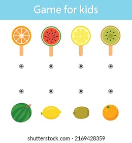 Logic game for kids. Ice cream. What is made of. Vetor illustration. Printable sheet