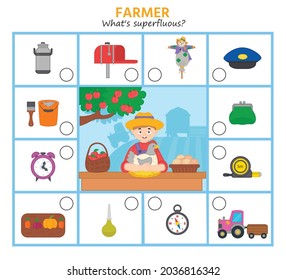 Logic game for kids profession. Farmer. What's superfluous?  Mark items required for this profession. Preschool worksheet activity. Printable worksheet. Vector illustration