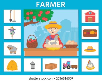 Logic game for kids profession. Farmer. Template for cards - puzzles. Vector illustration for printing