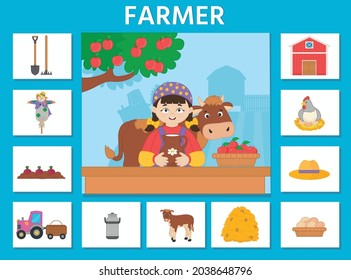 Logic game for kids profession. Farmer. Template for cards - puzzles. Vector illustration for printing