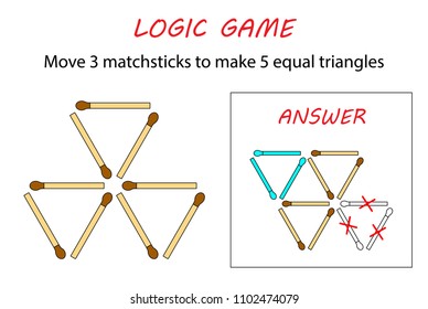 Logic game for kids. Puzzle game with matches. Move 3 matchsticks to make 5 equal triangles.