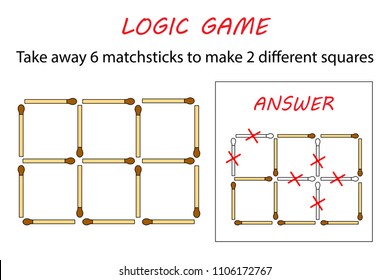 Logic game for kids. Puzzle game with matches. Take away 6 matchsticks to make 2 different squares.