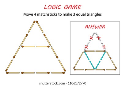 Logic Game For Kids. Puzzle Game With Matches. Move 4 Matchsticks To Make 3 Equal Triangles.