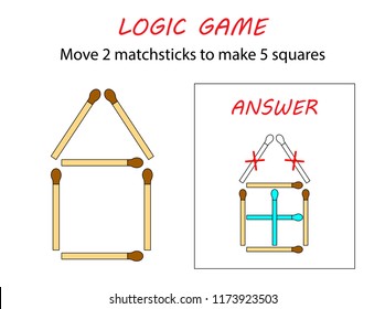 Logic game for kids. Puzzle game with matches. Move 2 matchsticks to make 5 squares.