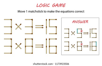 Logic Game For Kids. Puzzle Game With Matches. Move 1 Matchstick To Make The Equations Correct.