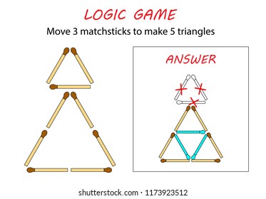 Logic game for kids. Puzzle game with matches. Move 3 matchsticks to make 5 triangles.