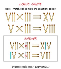 Logic game for kids. Puzzle game with matches. Math with roman numerals. Vector illustration. Move 1 matchstick to make the equations correct.