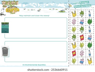 Juego de lógica para niños. Juego de clasificación Limpiar el entorno. Perfecto para materiales de aprendizaje preescolar, actividades educativas o imprimibles divertidos diseñados para mejorar las habilidades y la observación.