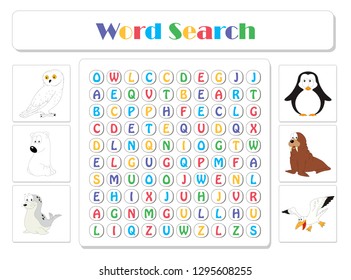 Logic game for learning English. Find the hidden words owl, bear, penguin, walrus, gull by vertical and horizontal lines