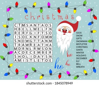 Logic game for learning English. Find the hidden Christmas words.Game for children about winter holidays. Word search puzzle. Card Activities Ideas Supplies. Cute Santa Claus  Eps 10
 