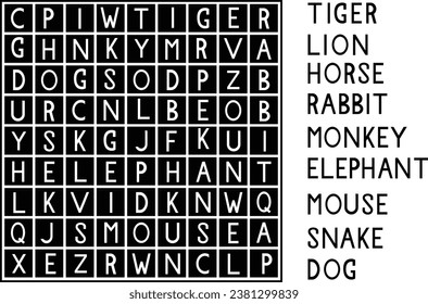 Logic game for learning English. Find the hidden words seal, whale, petrel, orca, gull by vertical and horizontal lines