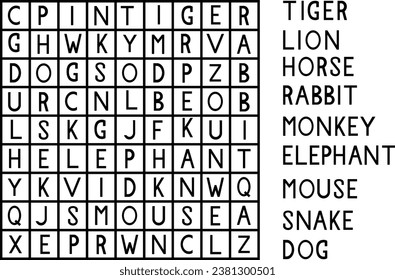 Logic game for learning English. Find the hidden words seal, whale, petrel, orca, gull by vertical and horizontal lines