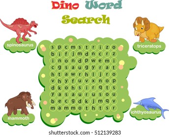 Logic game for learning English. Find the hidden dino words by vertical or horizontal lines