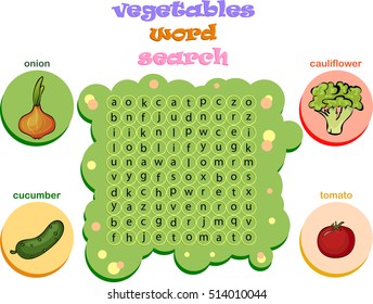 Logic game for learning English. Find the hidden vegetables words by vertical or horizontal lines