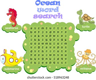 Logic game for learning English. Find the hidden ocean words by vertical or horizontal lines