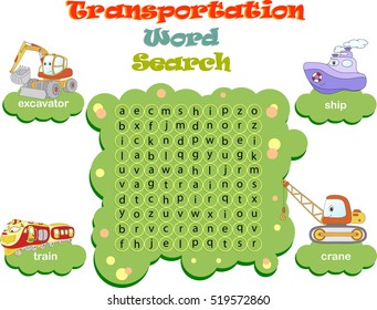 Logic game for learning English. Find the hidden transportation words by vertical or horizontal lines