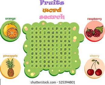 Logic game for learning English. Find the hidden fruits words by vertical or horizontal lines