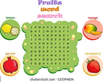 Logic game for learning English. Find the hidden fruits words by vertical or horizontal lines