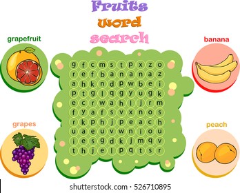 Logic game for learning English. Find the hidden fruits words by vertical or horizontal lines