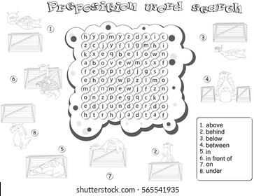 Logic game for learning English. Find the hidden prepositions by vertical or horizontal lines