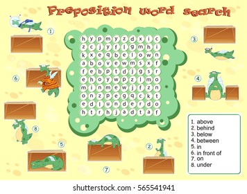 Logic game for learning English. Find the hidden prepositions by vertical or horizontal lines