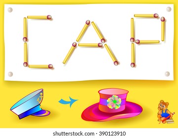 Logic game for learning words of English language. Move four matchsticks to make hat from cap. Vector image.