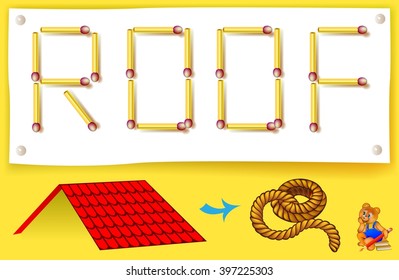 Logic game for learning words of English language. Move two matchsticks to make rope from roof. Vector image.