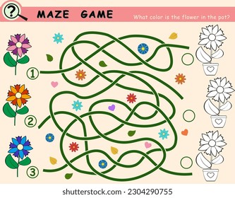 Logic game maze for children with flowers and coloring page. Vector illustration.