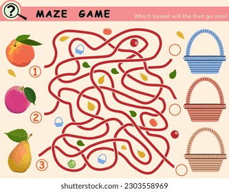 Logic game maze for children with fruits and baskets, apple, pear, apricot. Vector illustration.