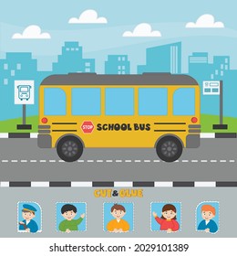Logic game for preschool children. Bus and passengers. Cut and paste. Activity sheet. Kids funny riddle entertainment. Vector illustration for print