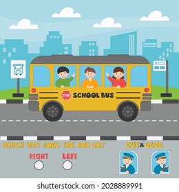 Logic game for preschool children. Determine which way the bus is going. Cut and paste the driver. Activity sheet. Vector illustration for print