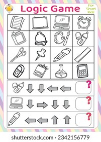 Logic Game For Smart Kids, learning directions with school items as an Education Worksheet