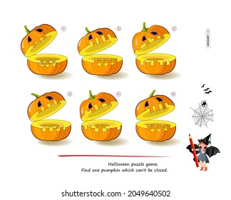 Logic game for smartest. 3D Halloween puzzle. Find one pumpkin which can't be closed. Printable page for brain teaser book. Developing spatial thinking. IQ test. Play online. Vector illustration.