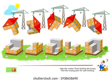 Logic game for smartest. 3D puzzle. Help the worker finish building the houses. Find the missing part for each building. Brain teaser book. IQ test. Play online. Developing spatial thinking skills.