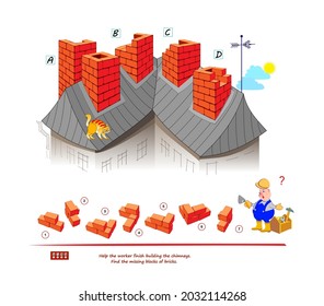 Logic game for smartest. 3D puzzle. Help the worker finish building the chimneys. Find the missing blocks of bricks. Brain teaser book. IQ test. Play online. Developing spatial thinking skills.