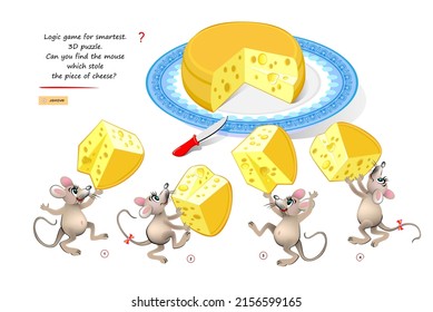 Logic game for smartest. 3D puzzle. Can you find the mouse which stole the piece of cheese? Play online. Developing spatial thinking. Page for brain teaser book. IQ test. Vector illustration.