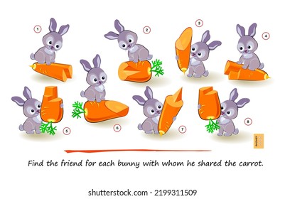 Logic game for smartest. 3D puzzle. Find the friend for each bunny with whom he shared the carrot. Play online. Developing spatial thinking. Page for brain teaser book. IQ test. Vector illustration.