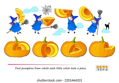 Logic game for smartest. 3D puzzle. Find pumpkins from which each little witch took a piece. Play online. Developing spatial thinking. Page for brain teaser book. Halloween riddle. Vector image.