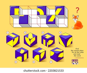 Logic game for smartest. 3D puzzle. Find the correct place for all the cubes and read the word. Play online. Developing spatial thinking. Page for brain teaser book. Study English. Vector image.