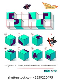 Logic game for smartest. 3D puzzle. Can you find the correct place for all the cubes and read the word? IQ test. Developing spatial thinking. Page for brain teaser book. Study English. Vector image.