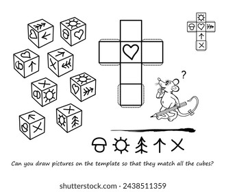 Logic game for the smartest. Can you draw pictures on the template so that they match all the cubes? 3D puzzle. Developing spatial thinking. Page for brain teaser book. Black and white vector drawing svg