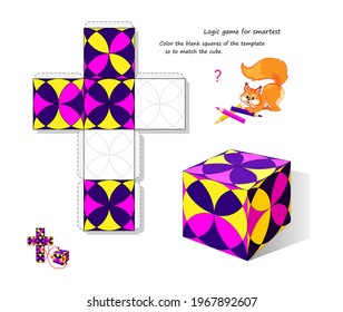 Juego lógico para los más inteligentes. Color los cuadrados en blanco de la plantilla para que coincidan con el cubo. Página para el libro de bromas de cerebro. Desarrollando el pensamiento espacial. Rompecabezas 3D. Formación en memoria para adultos mayores. Juega en línea.