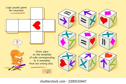 Logic game for smartest. Draw signs on the template of cube corresponding to 8 examples. Find one wrong dice. 3D puzzle. Play online. Developing spatial thinking. Page for brain teaser book. IQ test.